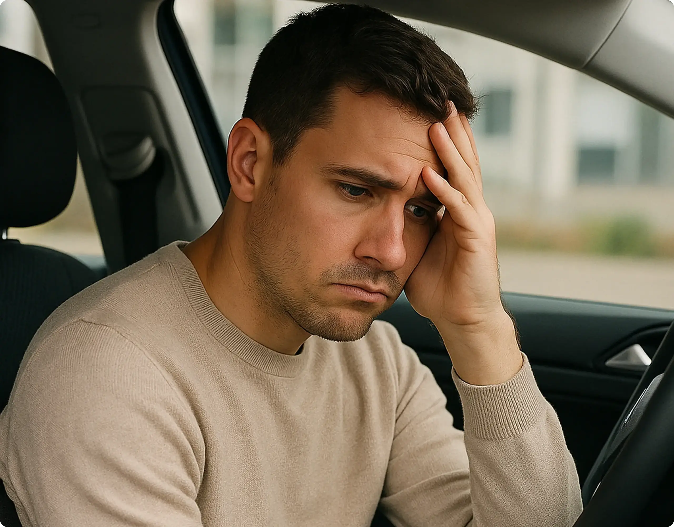 Why the Traditional Auto Repair Model Is Broken — And What Drivers Can Do About It a man in a car with his hand on his head to facing frustrated.