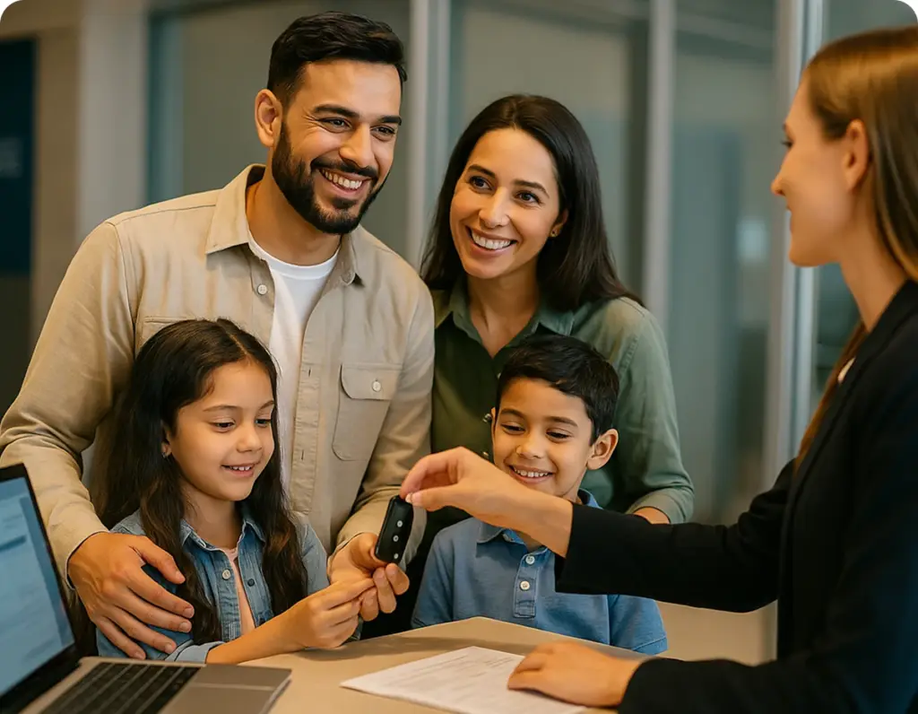 Become a Provider Image of a family checking into an hotel that the book using the Revilo app on Revilo Auto Care