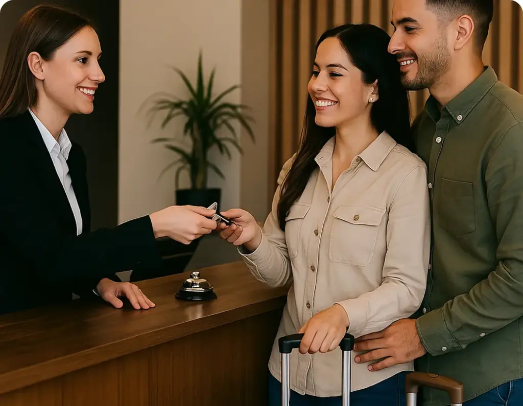 Become a Provider Young couple checking in at a hotel after using Revilo Auto Care Convenience and support service.